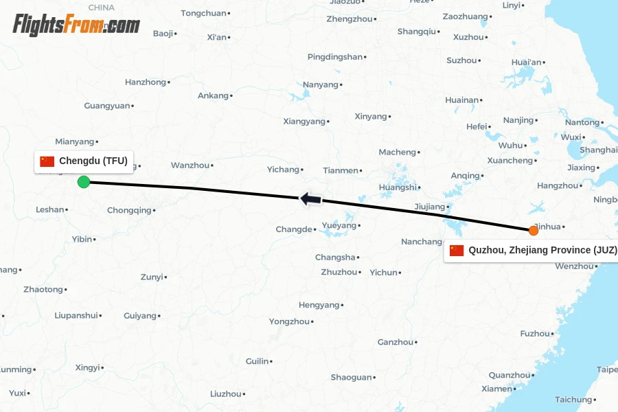 Flights from Quzhou, Zhejiang Province to Chengdu route map