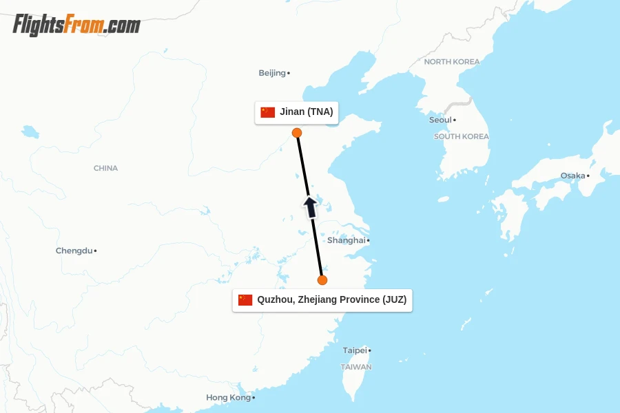 Flights from Quzhou, Zhejiang Province to Jinan route map