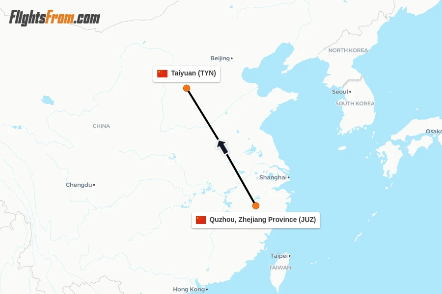 Flights from Quzhou, Zhejiang Province to Taiyuan route map