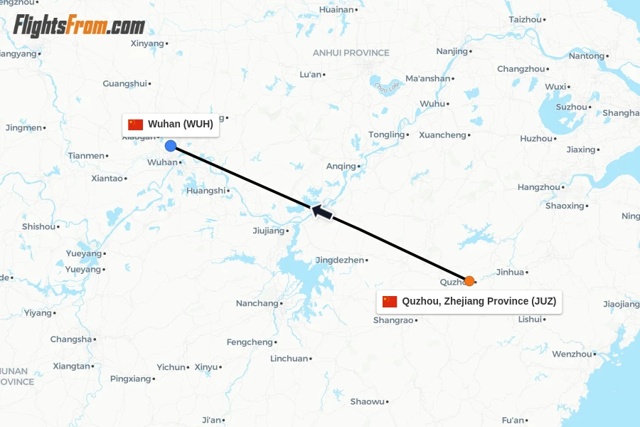 Flights from Quzhou, Zhejiang Province to Wuhan route map