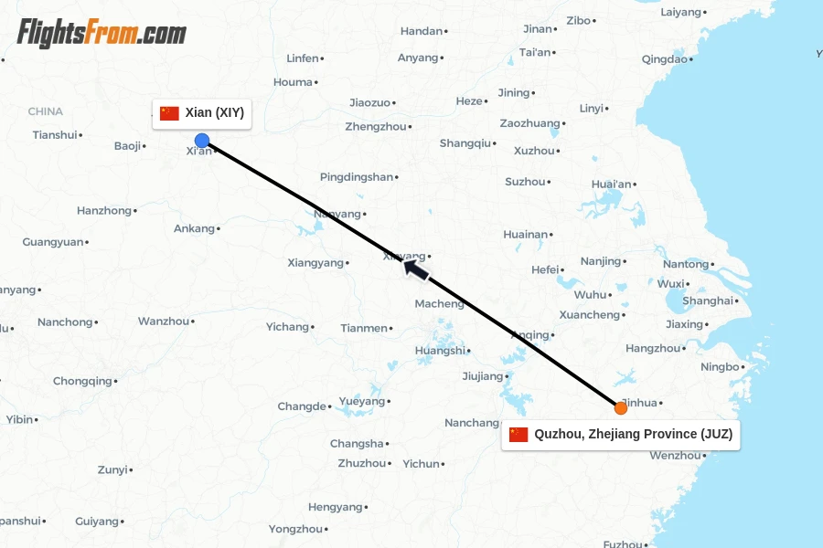 Flights from Quzhou, Zhejiang Province to Xian route map