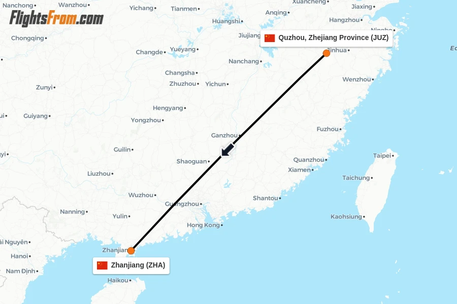 Flights from Quzhou, Zhejiang Province to Zhanjiang route map