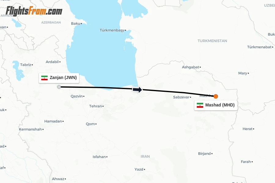 Flights from Zanjan to Mashad route map