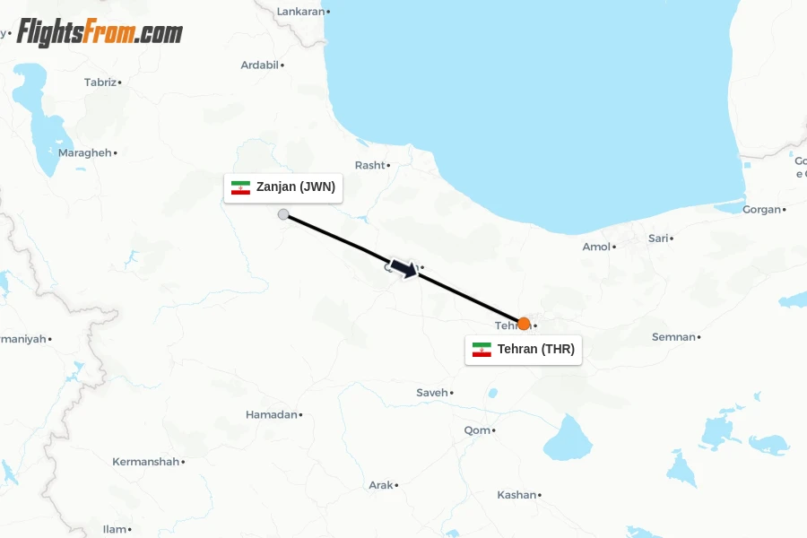 Flights from Zanjan to Tehran route map
