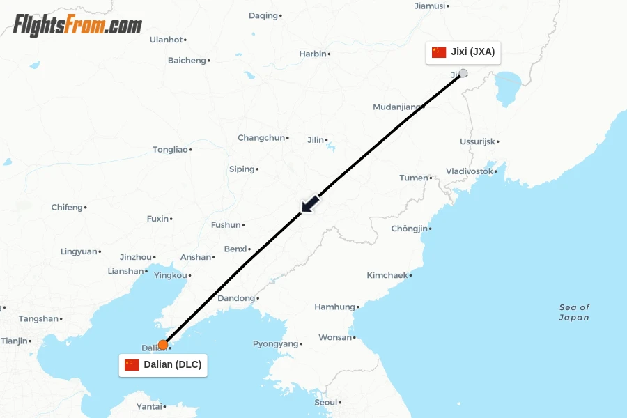 Flights from Jixi to Dalian route map