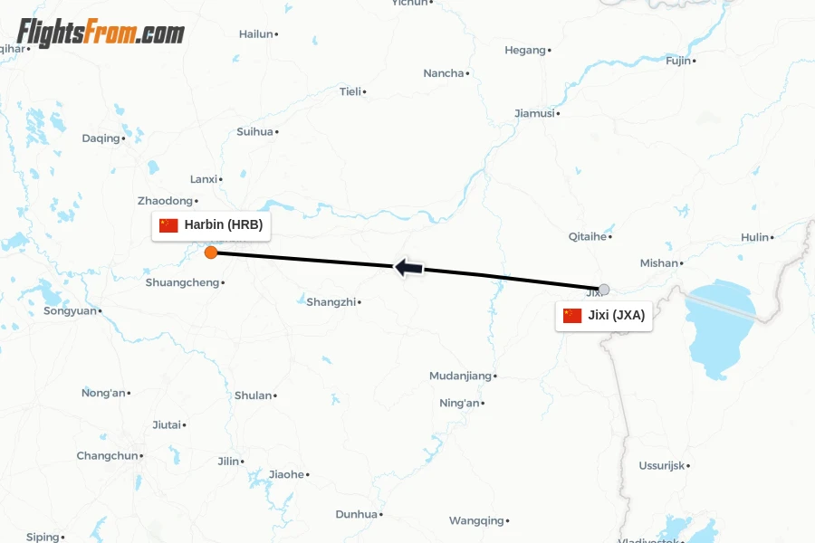 Flights from Jixi to Harbin route map
