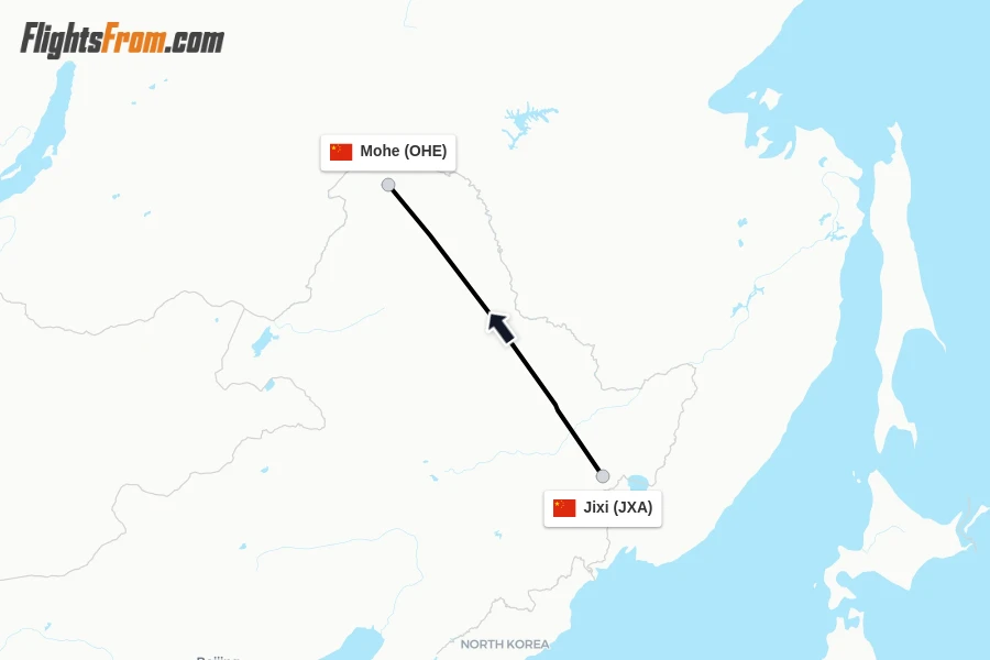 Flights from Jixi to Mohe route map