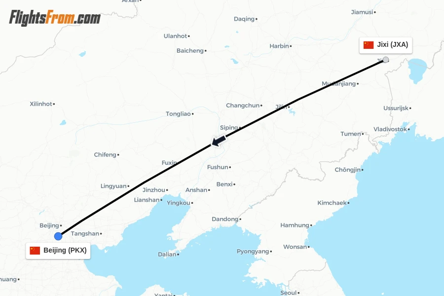 Flights from Jixi to Beijing route map
