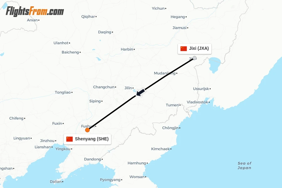 Flights from Jixi to Shenyang route map