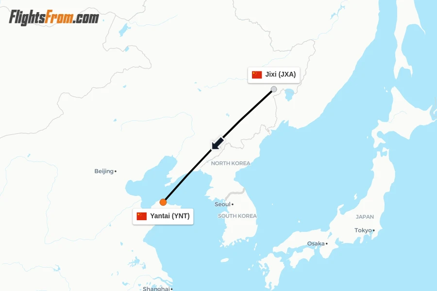 Flights from Jixi to Yantai route map