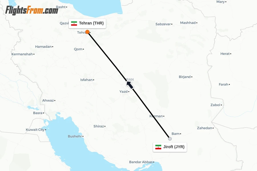 Flights from Jiroft to Tehran route map