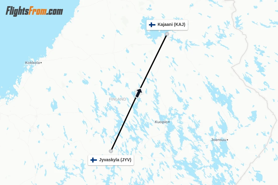 Flights from Jyvaskyla to Kajaani route map