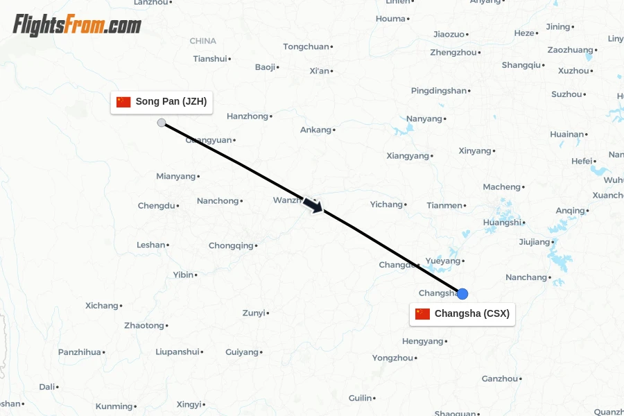 Flights from Song Pan to Changsha route map