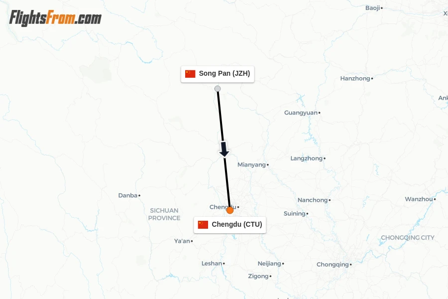 Flights from Song Pan to Chengdu route map