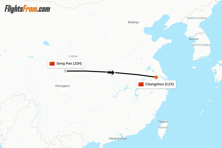 Flights from Song Pan to Changzhou route map