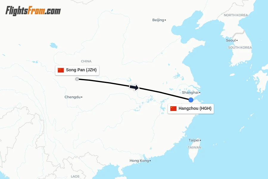 Flights from Song Pan to Hangzhou route map