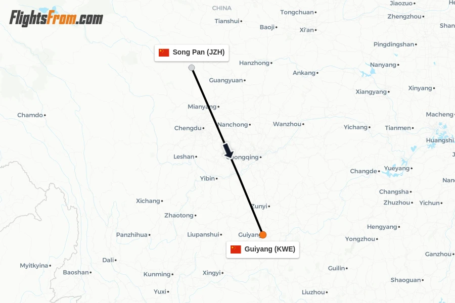 Flights from Song Pan to Guiyang route map