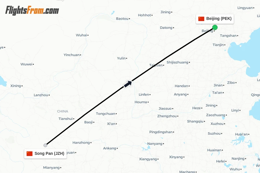 Flights from Song Pan to Beijing route map