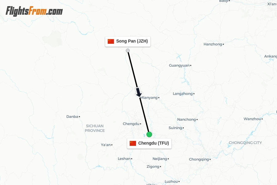 Flights from Song Pan to Chengdu route map