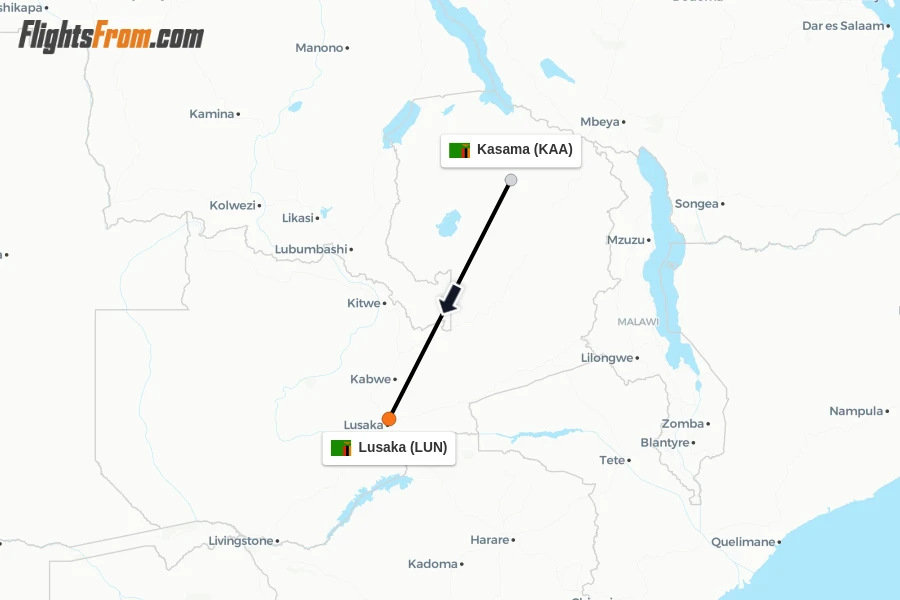Flights from Kasama to Lusaka route map