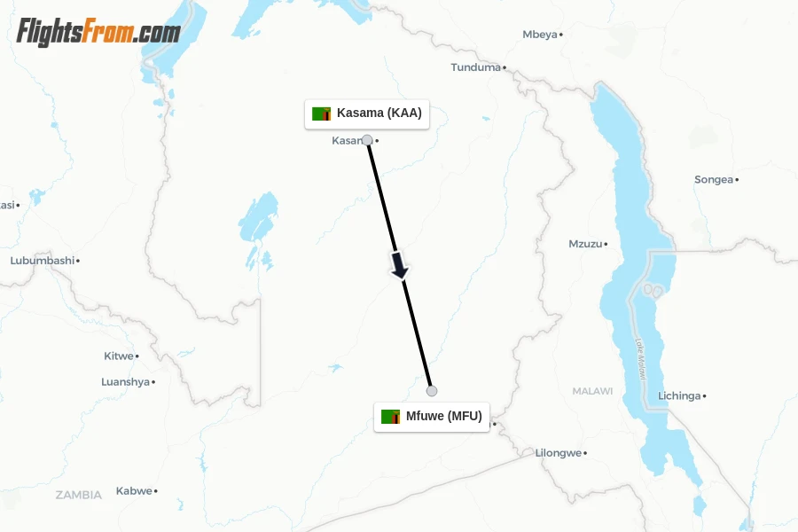 Flights from Kasama to Mfuwe route map