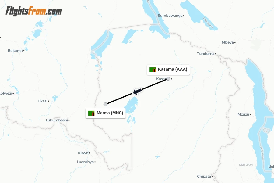 Flights from Kasama to Mansa route map