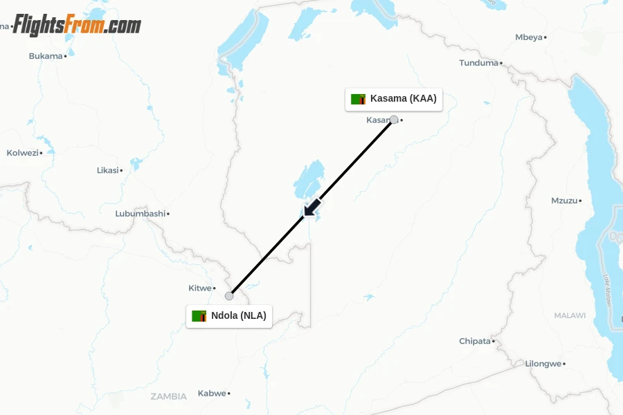 Flights from Kasama to Ndola route map