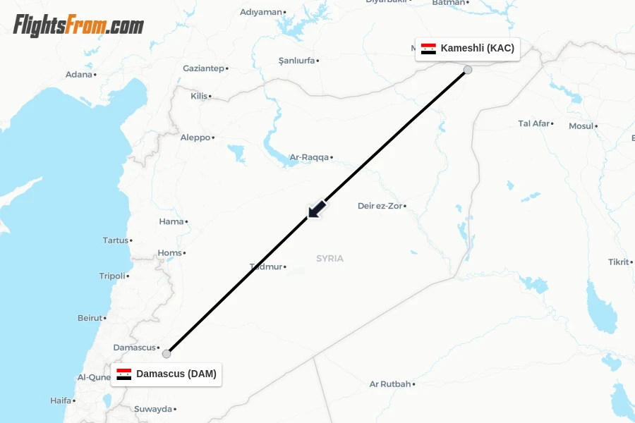 Flights from Kameshli to Damascus route map