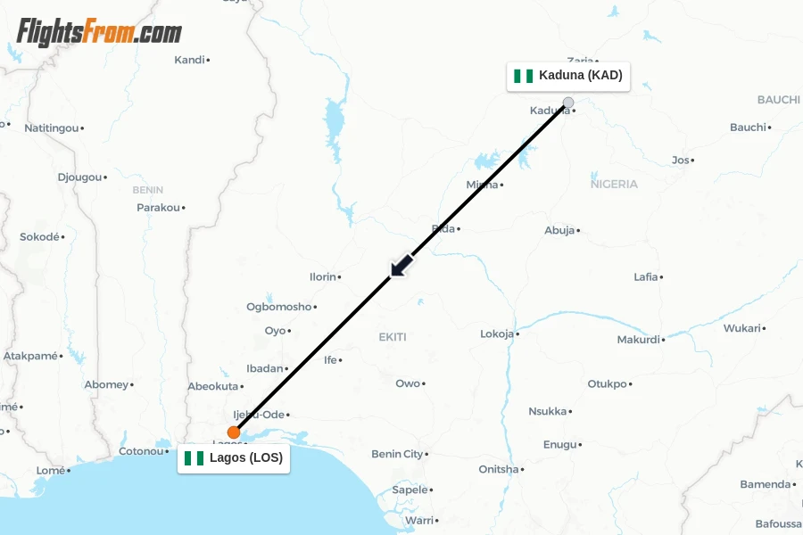 Flights from Kaduna to Lagos route map