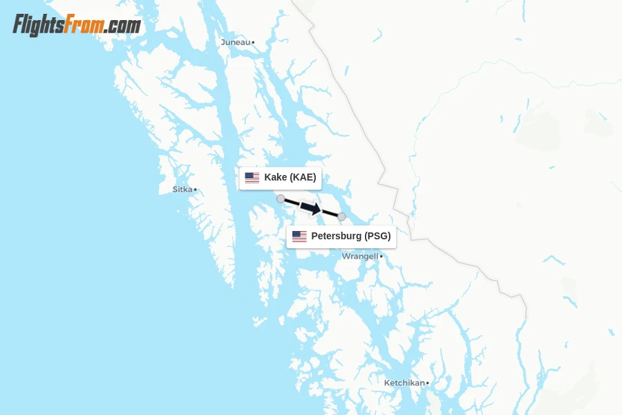 Flights from Kake to Petersburg route map