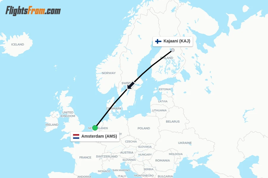 Flights from Kajaani to Amsterdam route map