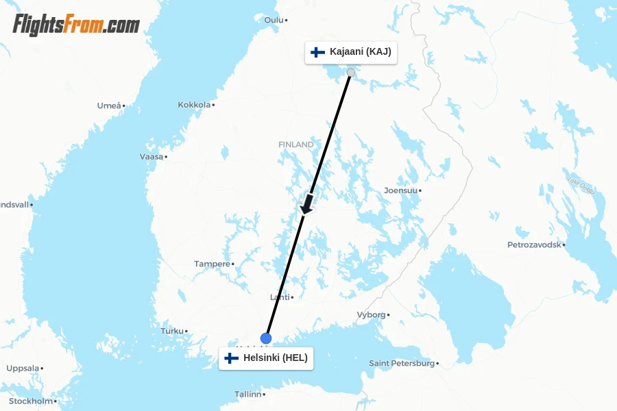 Flights from Kajaani to Helsinki route map