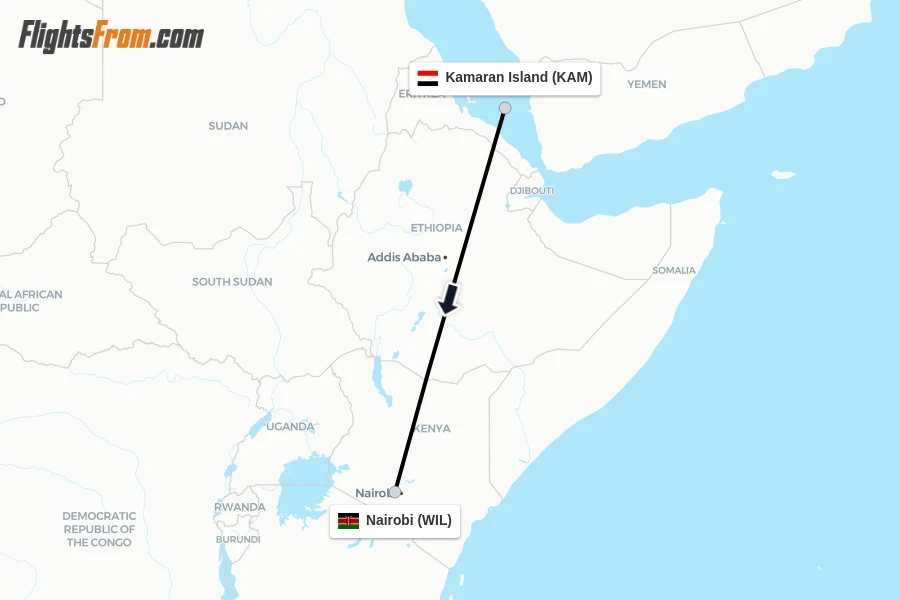 Flights from Kamaran Island to Nairobi route map