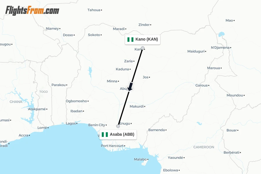 Flights from Kano to Asaba route map