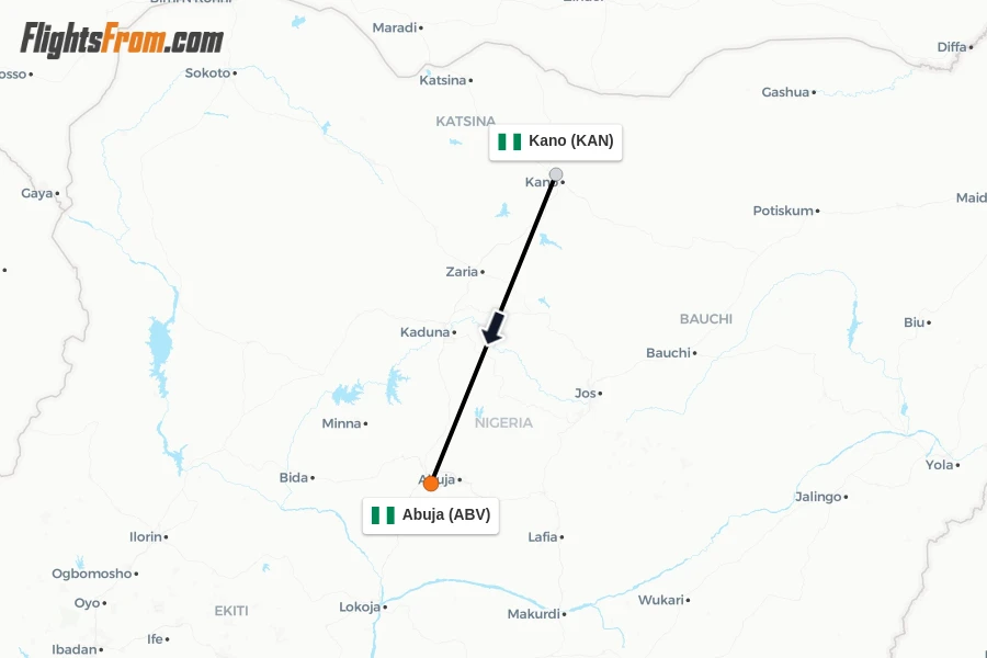 Flights from Kano to Abuja route map