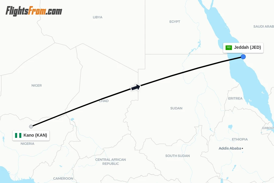 Flights from Kano to Jeddah route map