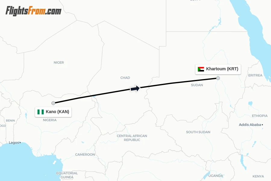 Flights from Kano to Khartoum route map