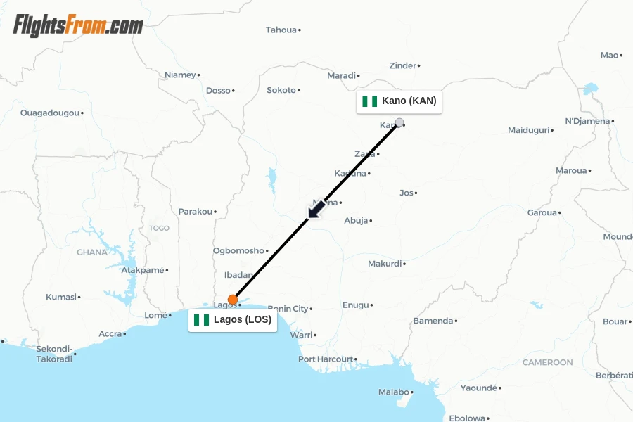 Flights from Kano to Lagos route map