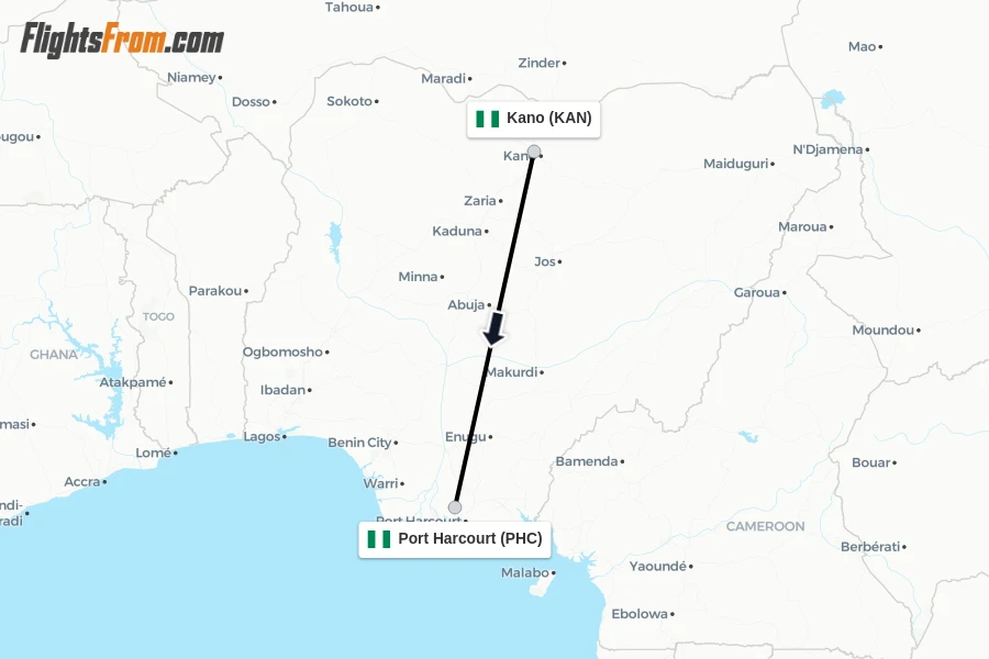 Flights from Kano to Port Harcourt route map