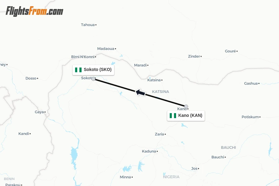 Flights from Kano to Sokoto route map