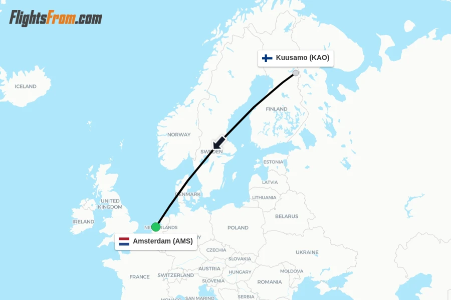 Flights from Kuusamo to Amsterdam route map