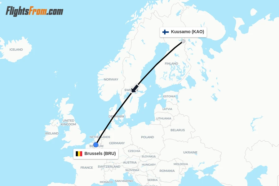 Flights from Kuusamo to Brussels route map