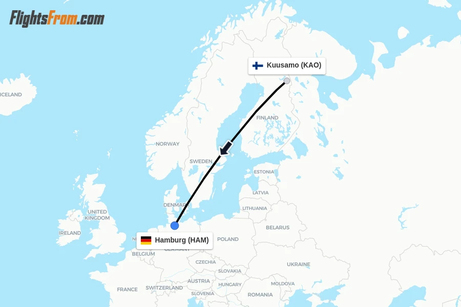 Flights from Kuusamo to Hamburg route map