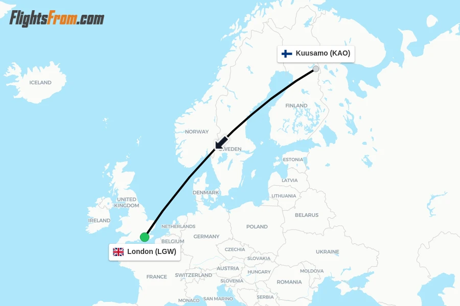 Flights from Kuusamo to London route map