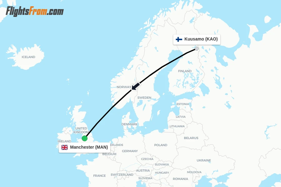 Flights from Kuusamo to Manchester route map