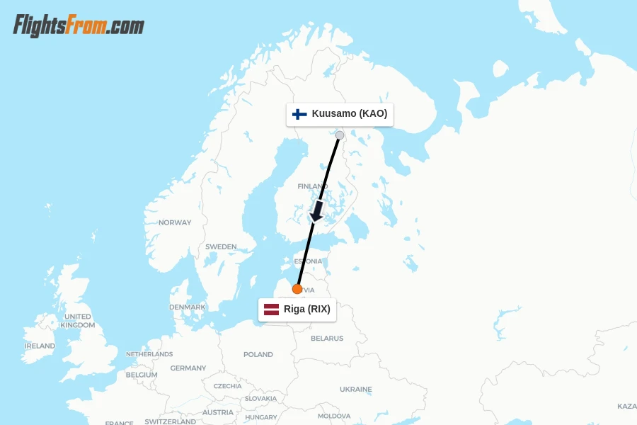 Flights from Kuusamo to Riga route map