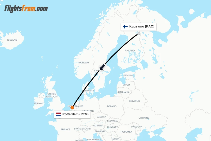 Flights from Kuusamo to Rotterdam route map