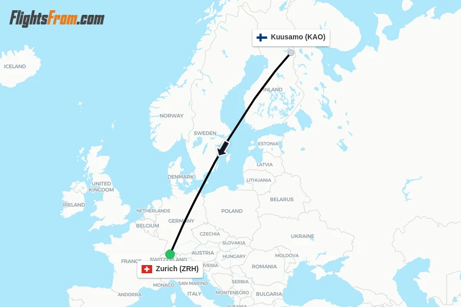 Flights from Kuusamo to Zurich route map