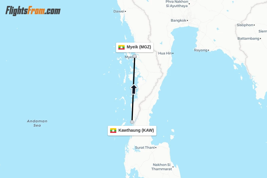 Flights from Kawthaung to Myeik route map