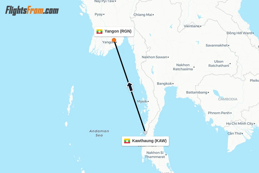 Flights from Kawthaung to Yangon route map